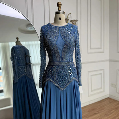 Luxury Designer Blue Beaded Evening Dress with Long Sleeves LA72962 - SERENE HILL