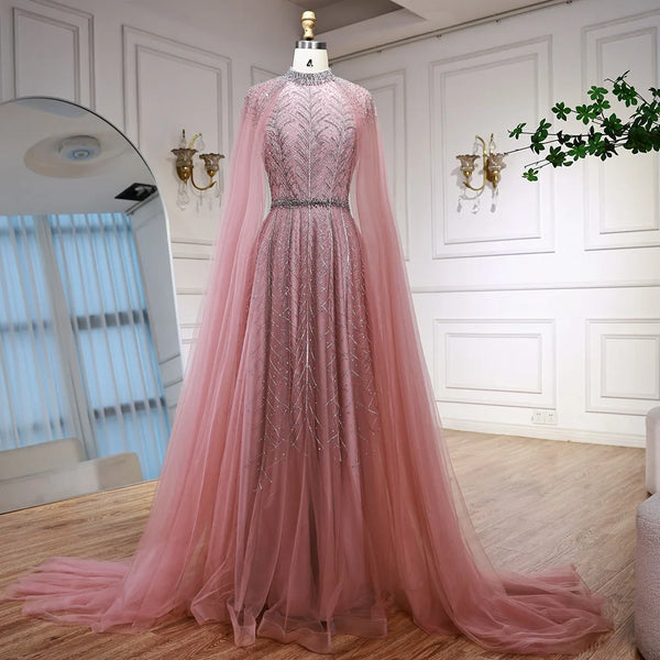 Satin Dusty Pink Dress With Sleeves Luxury Elegant Pink Beaded Evening Dress With Cape LA73033 Pink Satin Dusty Pink Dress With Sleeves Luxury Elegant Pink Beaded Evening Dress With Cape LA73033 Pink