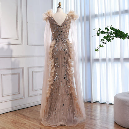 Luxury Caramel Feather Mirror Beaded Mermaid Evening Dress With Cape LA73328 - SERENE HILL