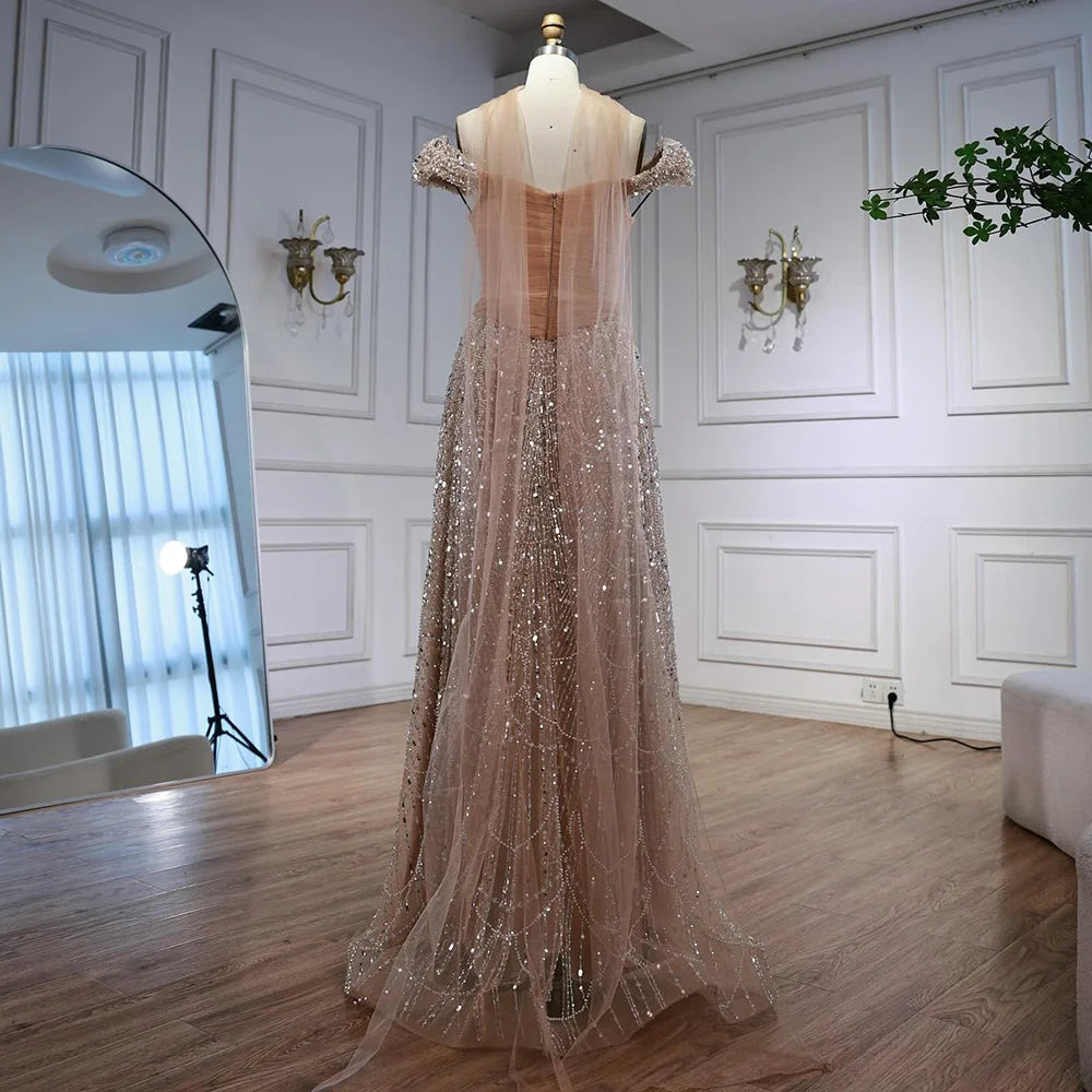 Luxury Arabic Pink Pearls Beaded Evening Dress With Cape LA72922 Pink / 16 Luxury Arabic Pink Pearls Beaded Evening Dress With Cape LA72922 Pink / 16