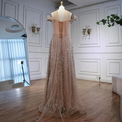 Luxury Arabic Pink Pearls Beaded Evening Dress With Cape LA72922 - SERENE HILL