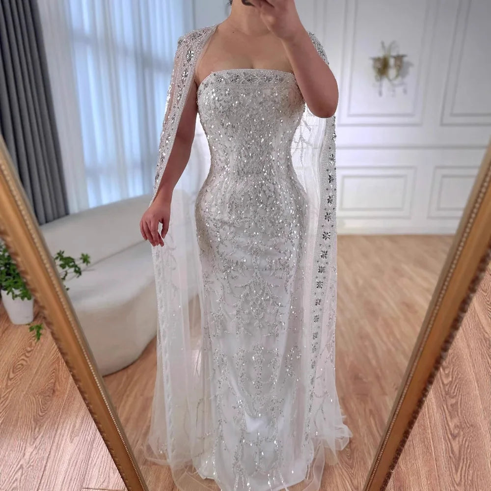 Luxury White Dubai Arabia Beading Evening Dress With Cape LA72870 - SERENE HILL