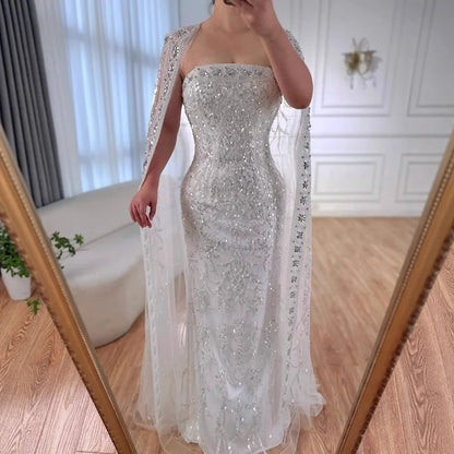 Luxury White Dubai Arabia Beading Evening Dress With Cape LA72870 - SERENE HILL