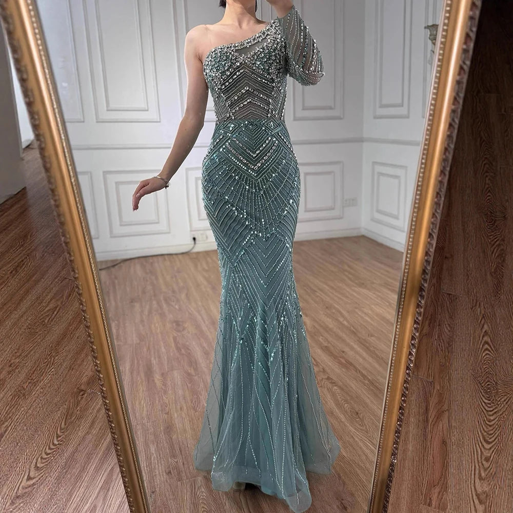 Luxury Nude One Shoulder Long Sleeve Beaded Evening Dress LA73180 - SERENE HILL