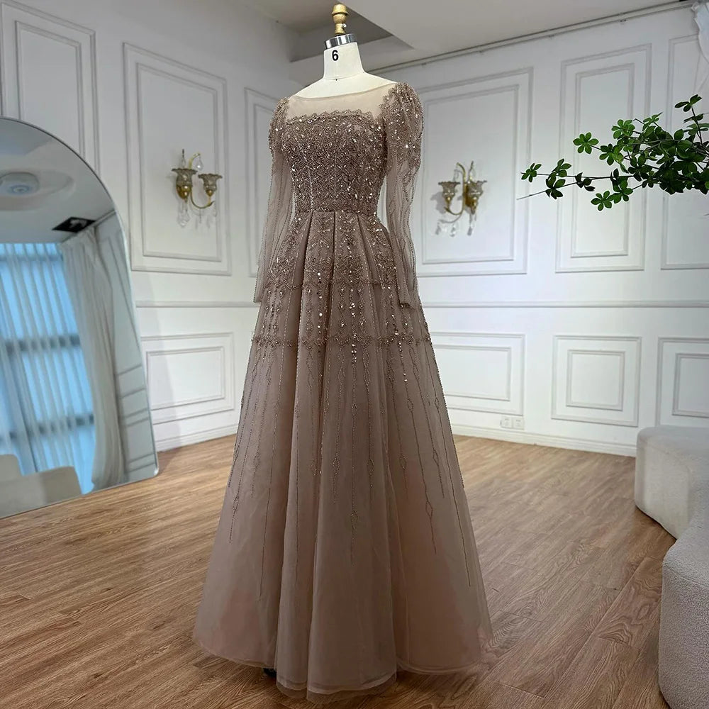 Luxury Caramel A-Line Beaded Evening Dress with Long Sleeves LA73077 - SERENE HILL