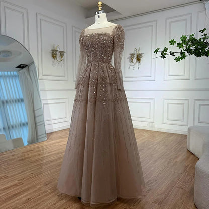 Luxury Caramel A-Line Beaded Evening Dress with Long Sleeves LA73077 - SERENE HILL