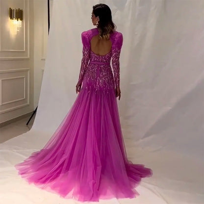 On Sale no return no refund Serene Hill Arabic Sexy Sweetheart Fuchsia A Line Long Sleeves Luxury Beaded Evening Dresses Gowns For Women Party 2025 LA71810 - SERENE HILL