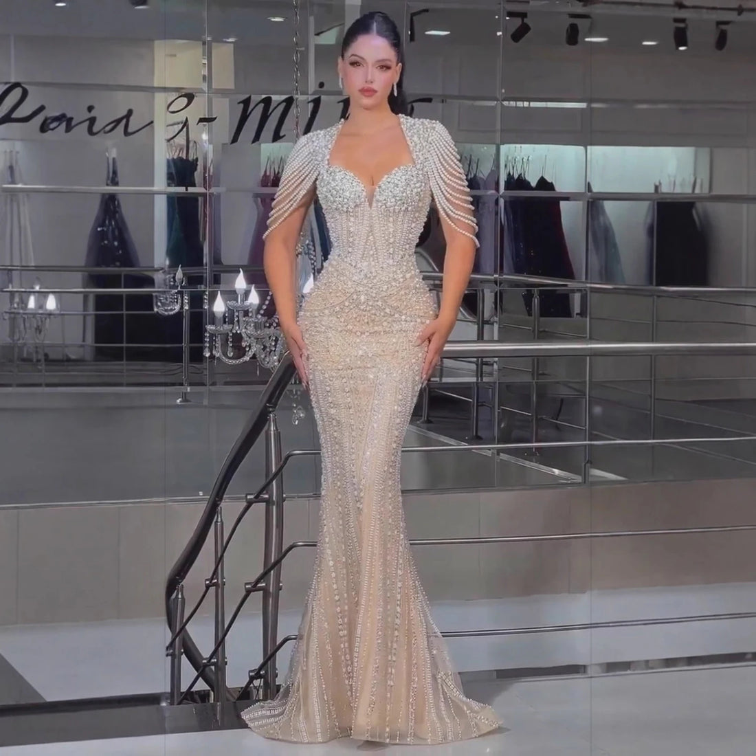 Luxury Nude Pearls Beaded Mermaid Evening Dress LA73199 - SERENE HILL