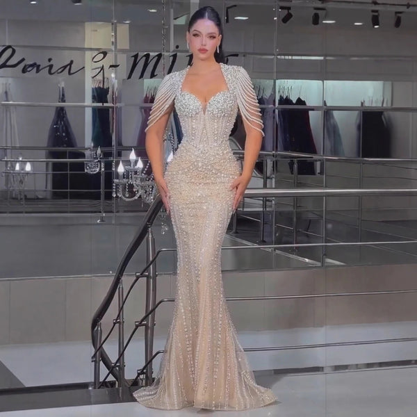 Luxury Nude Pearls Beaded Mermaid Evening Dress LA73199