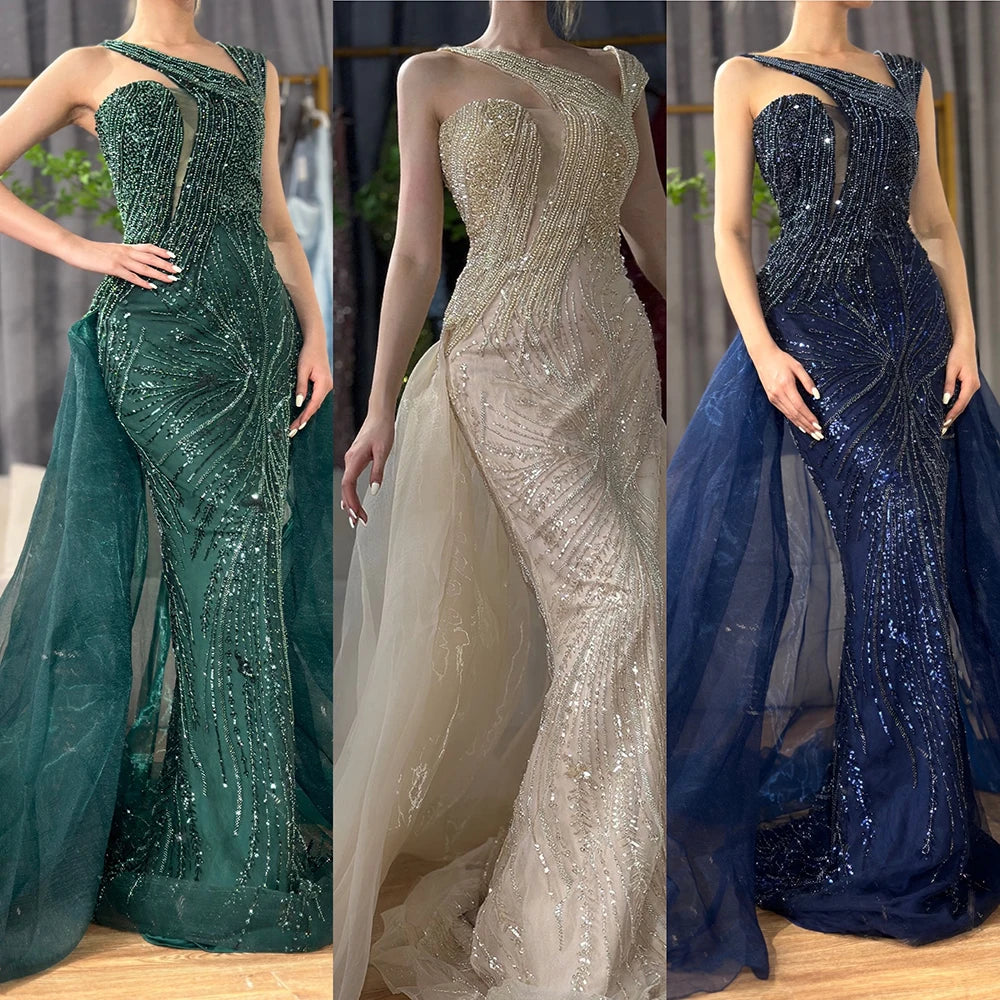 Luxury Dubai Nude Mermaid Green Evening Gown with Elegant One Shoulder Overskirt for Formal Occasion LA72031A - SERENE HILL