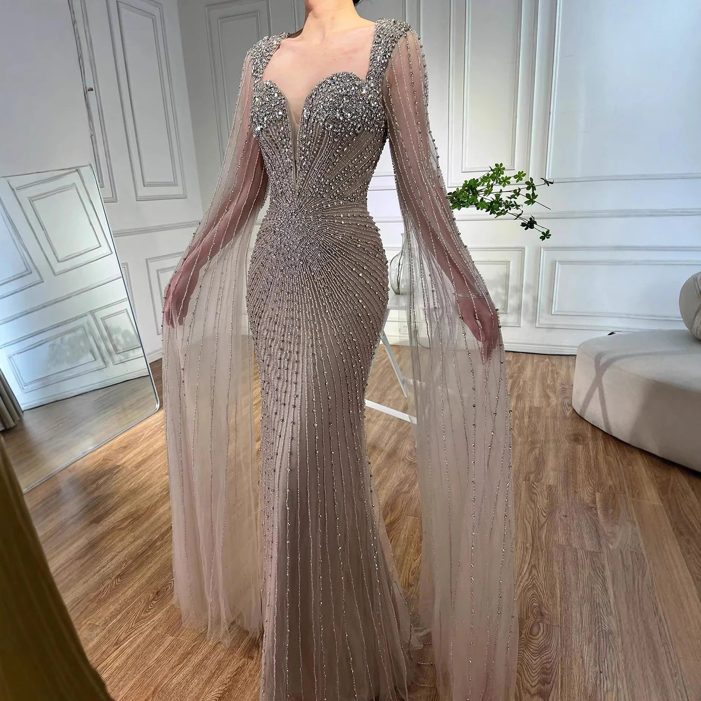 Luxury Caramel Crystal Beaded Mermaid Evening Dress with Cape LA72575D - SERENE HILL