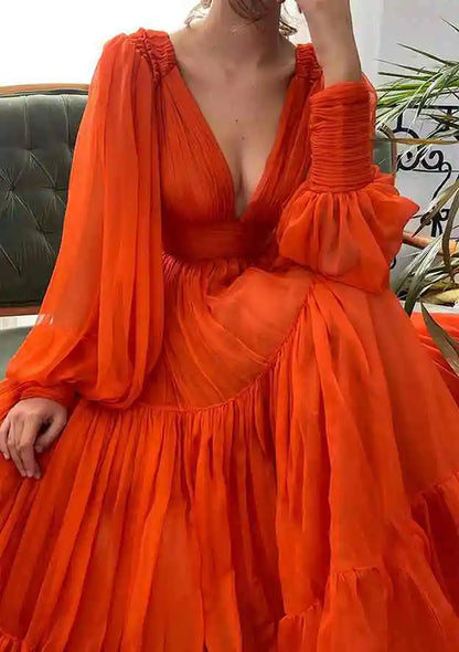 Serene Hill Arabic Red A-Line Long Sleeve Floor-Length Chiffon Prom Dress with Pleats for Women&