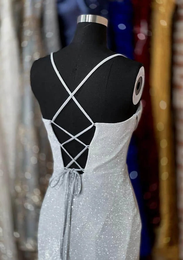 Serene Hill Arabic Silver Elegant Mermaid Spaghetti Straps Glitter Prom Dress with Pleated Split for Women&