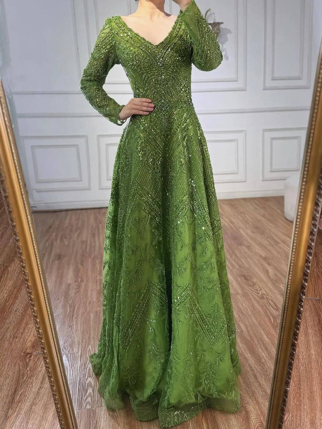 Luxury Lime Green Lace Beaded Long Sleeve Evening Dress LA73324 Lime Green / 4