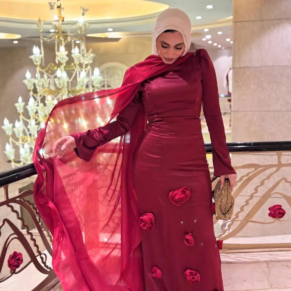 Modest Wine Red 3D Flower Mermaid Evening Dress LA72954A - SERENE HILL