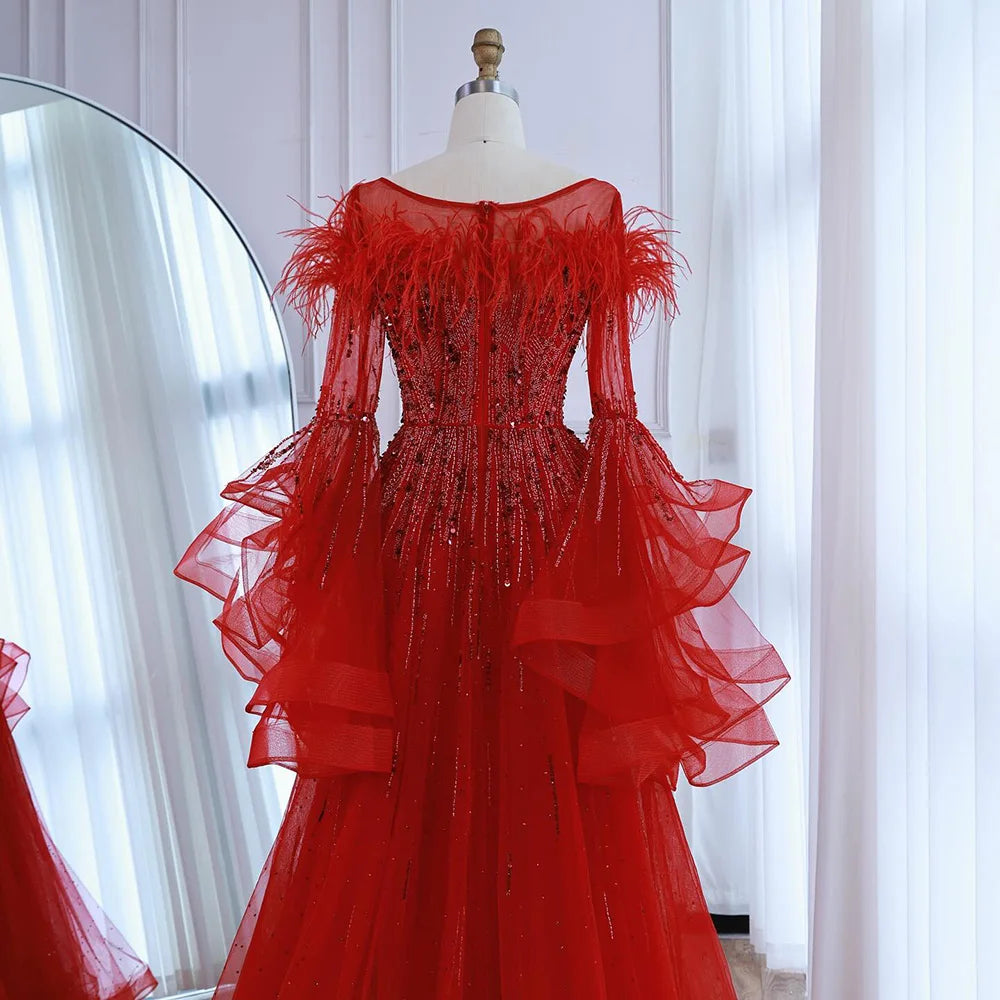 Luxury Red Feathered A-Line Evening Dress with Puffy Sleeves LA73080 - SERENE HILL