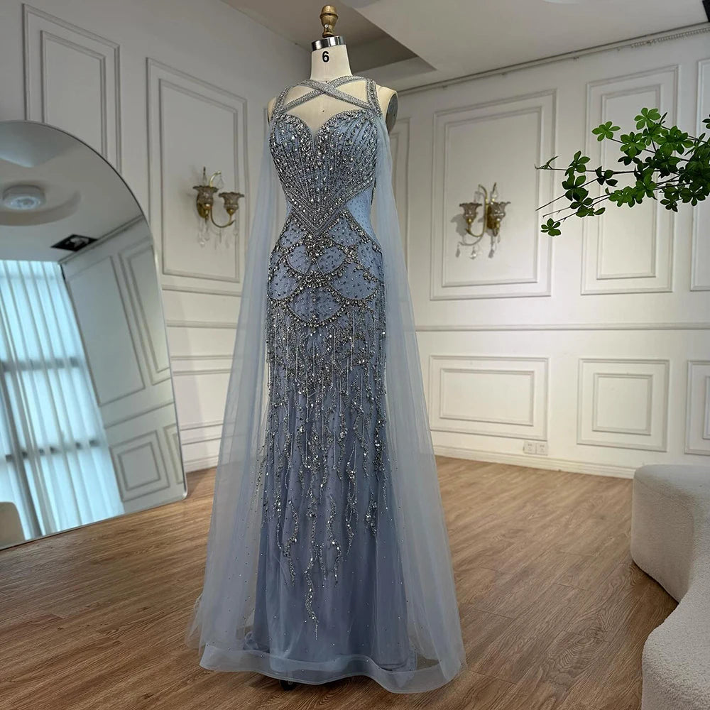 Luxury Nude Cape Sleeves Beaded Crystal Evening Dress LA72806 - SERENE HILL