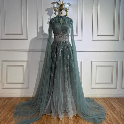 Luxury Modest Blue Beaded Evening Dress with Cape LA73059 - SERENE HILL