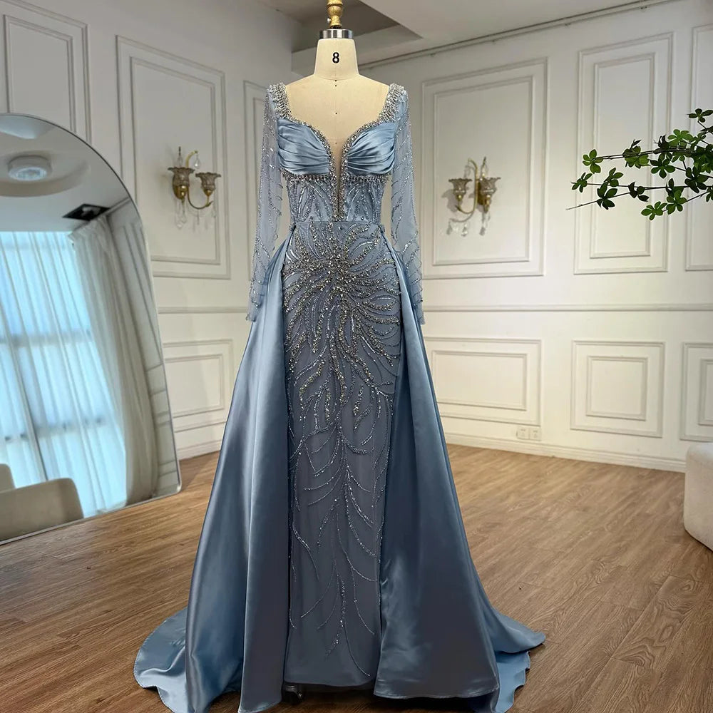 Luxury Muslin Blue hijab Evening Dress With Long Sleeves LA72963 - SERENE HILL