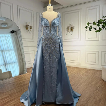 Luxury Muslin Blue hijab Evening Dress With Long Sleeves LA72963 - SERENE HILL