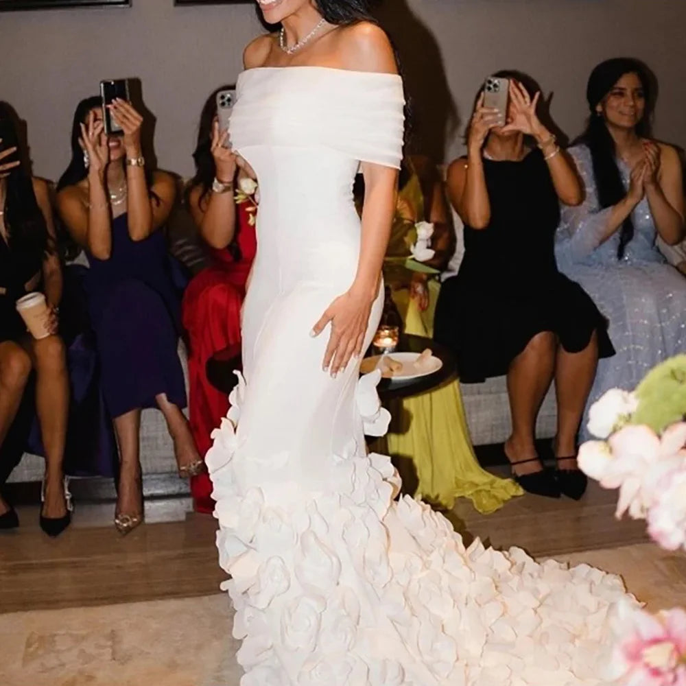 Luxury White Mermaid Evening Dress Off Shoulder 3D Floral LA73025 - SERENE HILL