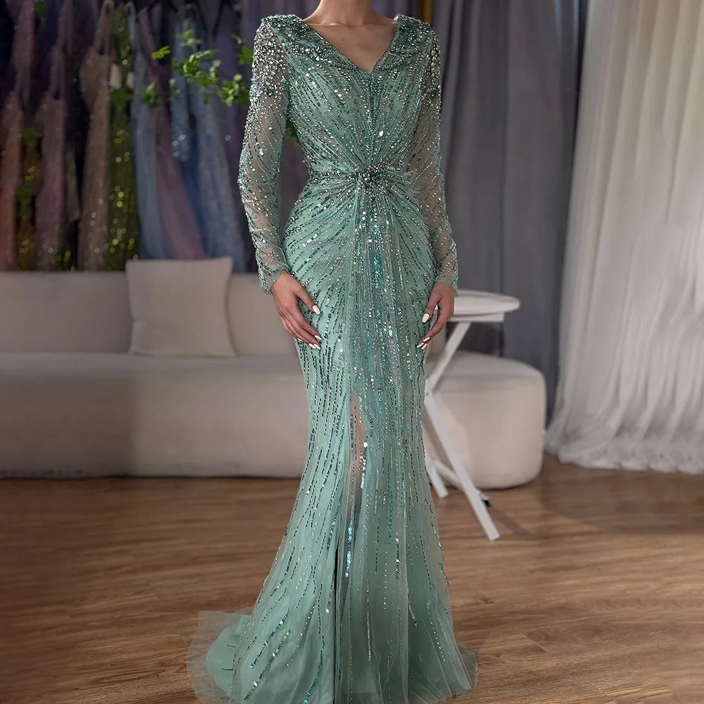 Luxury Designer Arabic Turquoise Mermaid Split Evening Dresses Gowns With LA72007 - SERENE HILL