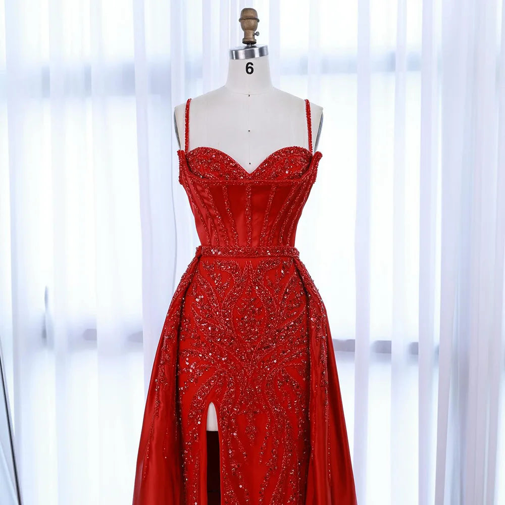 Luxury Red Beaded High Slit Evening Gown with Overskirt LA72936 - SERENE HILL