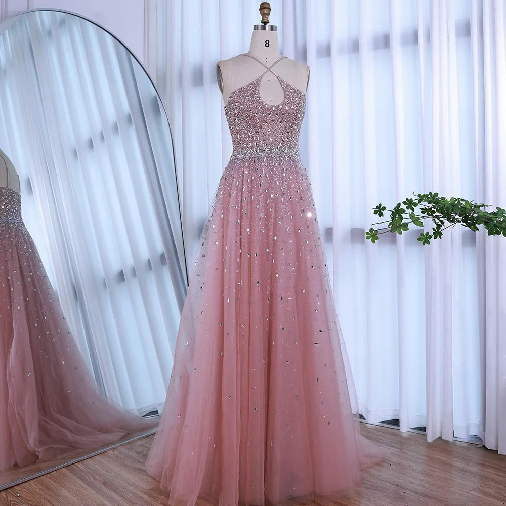 Caramel Halter Beaded Tulle A-Line Evening Gown Dubai Saudi LA72863 - SERENE HILL