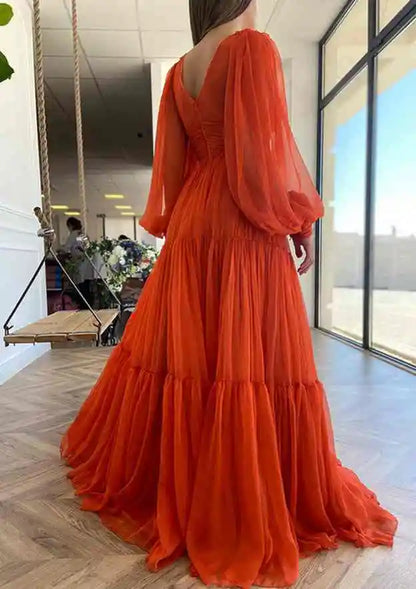 Serene Hill Arabic Red A-Line Long Sleeve Floor-Length Chiffon Prom Dress with Pleats for Women&