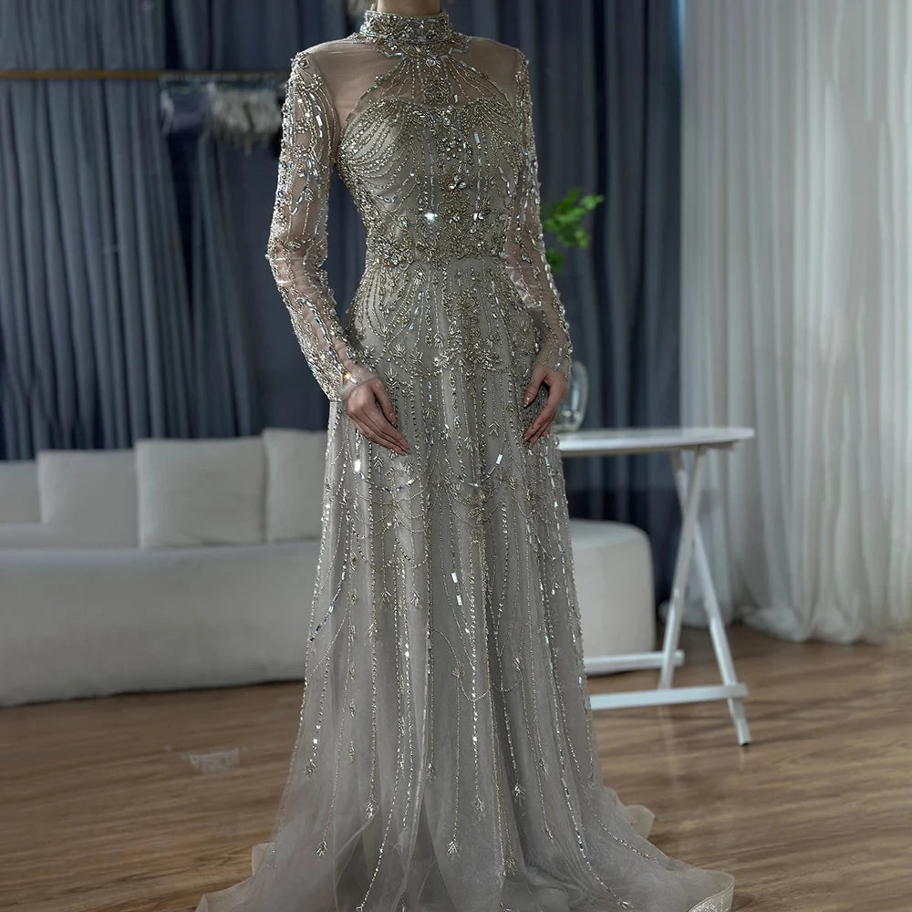 Luxury Dubai Designer Modest A-Line Blue Lace Beaded Evening Dresses LA72704 - SERENE HILL
