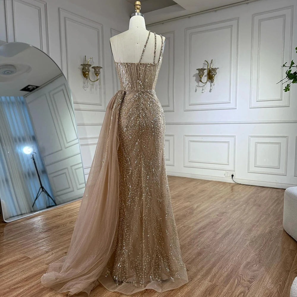 Luxury Nude Crystal Beaded One-Shoulder Evening Dress with Overskirt LA73161 Red / 14 Luxury Nude Crystal Beaded One-Shoulder Evening Dress with Overskirt LA73161 Red / 14