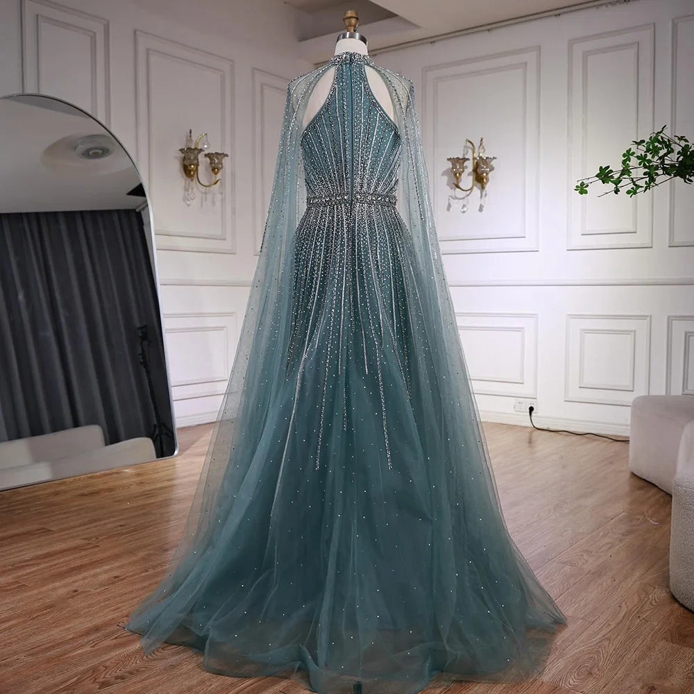 Luxury Beaded A-Line Evening Dress with Cape Sleeves LA73054 - SERENE HILL