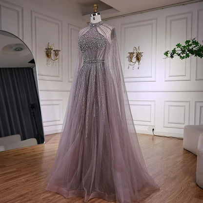 Luxury Beaded A-Line Evening Dress with Cape Sleeves LA73054 - SERENE HILL