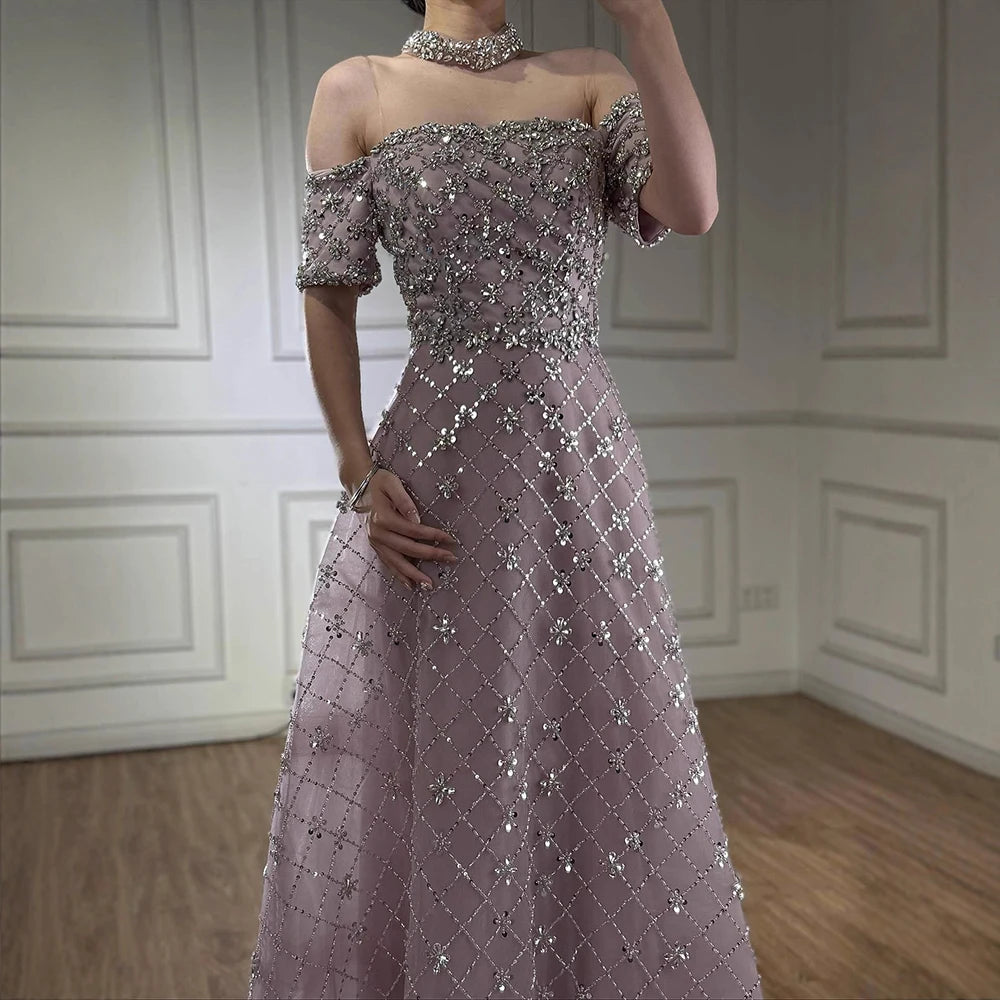Luxury Nude Sliver Off Shoulder Beaded Crystal A-Line Evening Dress LA73122 - SERENE HILL
