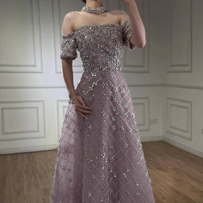 Luxury Nude Sliver Off Shoulder Beaded Crystal A-Line Evening Dress LA73122 - SERENE HILL