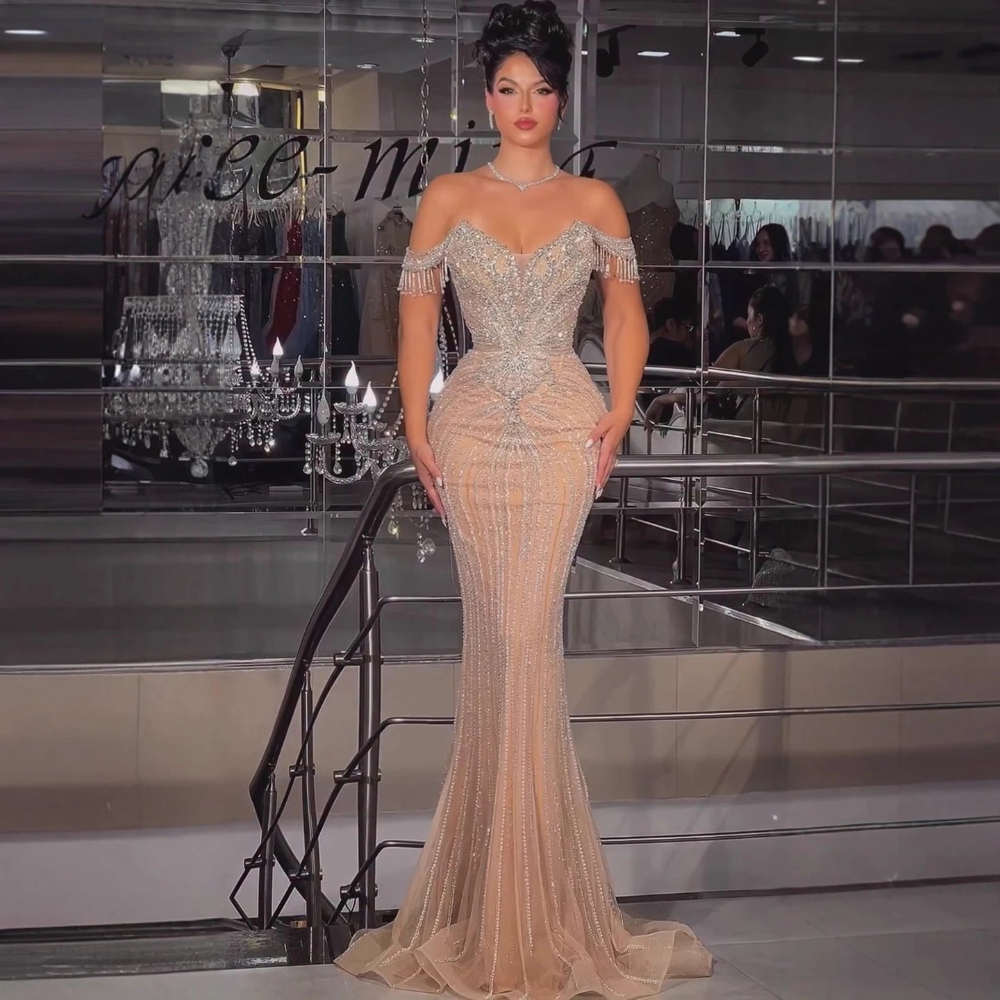 Luxury Pink Crystal Tassel Off Shoulder Evening Dress Dubai LA73204 - SERENE HILL