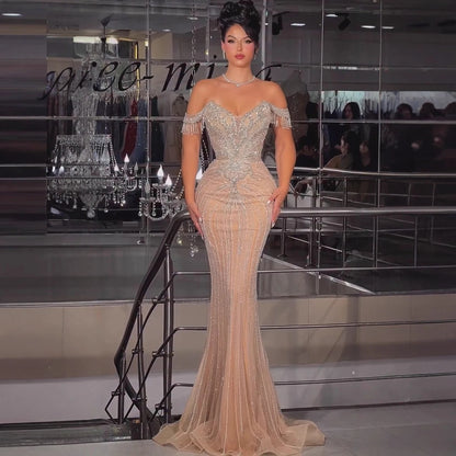 Luxury Pink Crystal Tassel Off Shoulder Evening Dress Dubai LA73204 - SERENE HILL