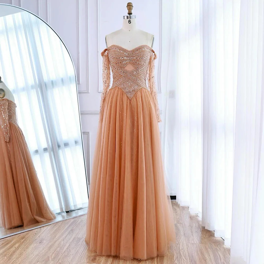 Luxury Nude Off Shoulder A-Line Beaded Evening Dress LA73038 - SERENE HILL