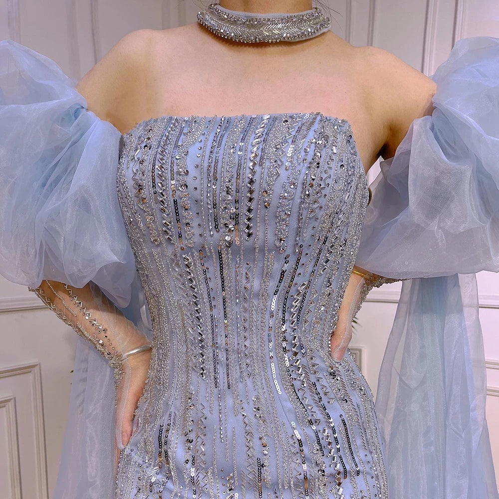 Luxury Dubai Arabic Blue Mermaid Balloon Sleeves Beaded Evening Dresses LA71823 - SERENE  HILL