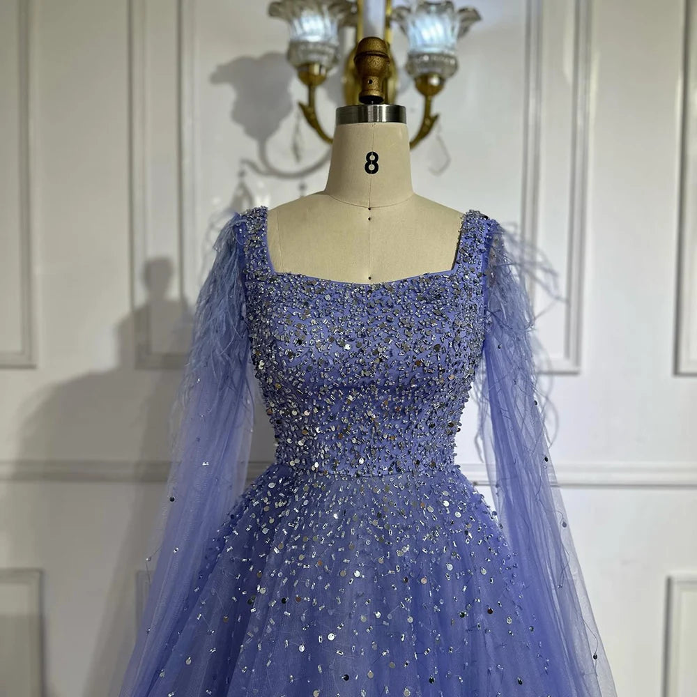 Luxury Blue A-Line Feathers Beaded Evening Dress with Cape Sleeves LA71782A - SERENE HILL