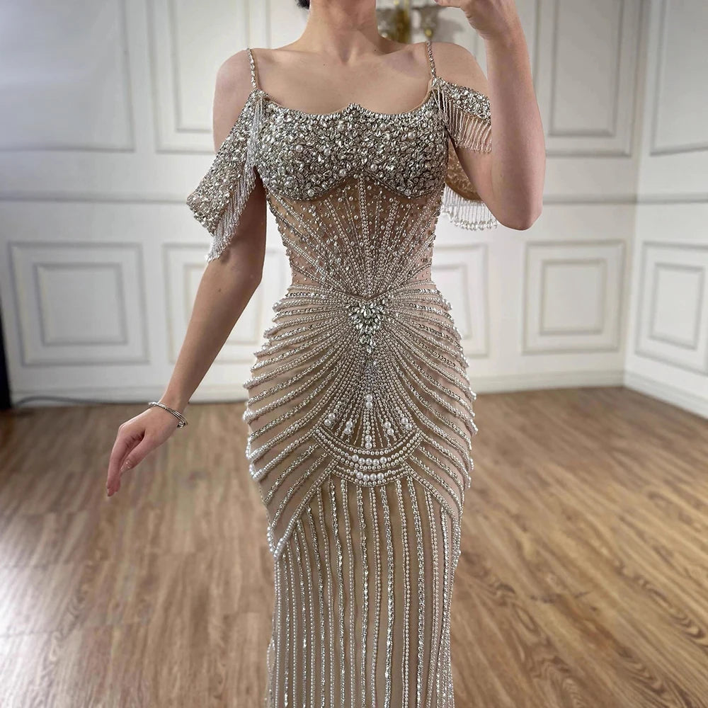 Luxury Sage Green Pearls Beaded Mermaid Evening Dress Off Shoulder LA73148 - SERENE HILL