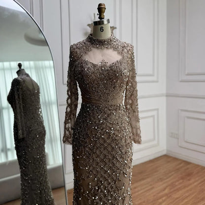 Caramel Beaded High Neck Mermaid Evening Dress Plus Size LA71747A - SERENE HILL