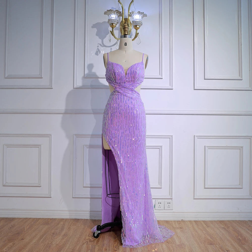 Luxury Purple Sequin Prom Dress with Slit and Cutout Waist LA73000 - SERENE HILL
