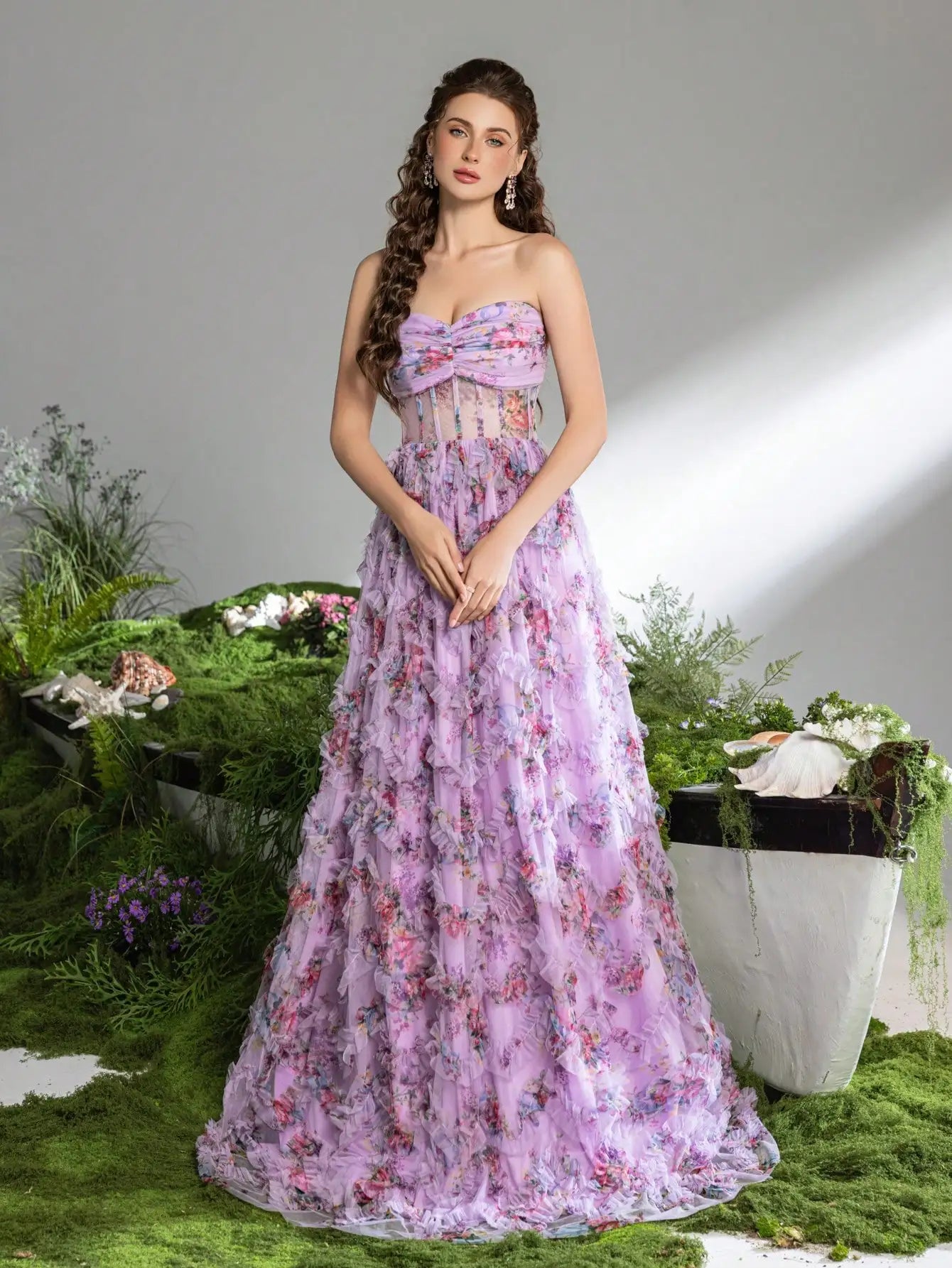 Pink A-Line Tulle Printed Ruffle Tiered Prom Dress LA73275  SERENE HILL