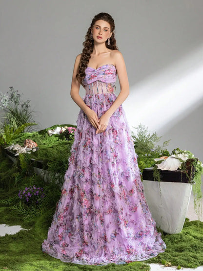 Pink A-Line Tulle Printed Ruffle Tiered Prom Dress LA73275 - SERENE HILL