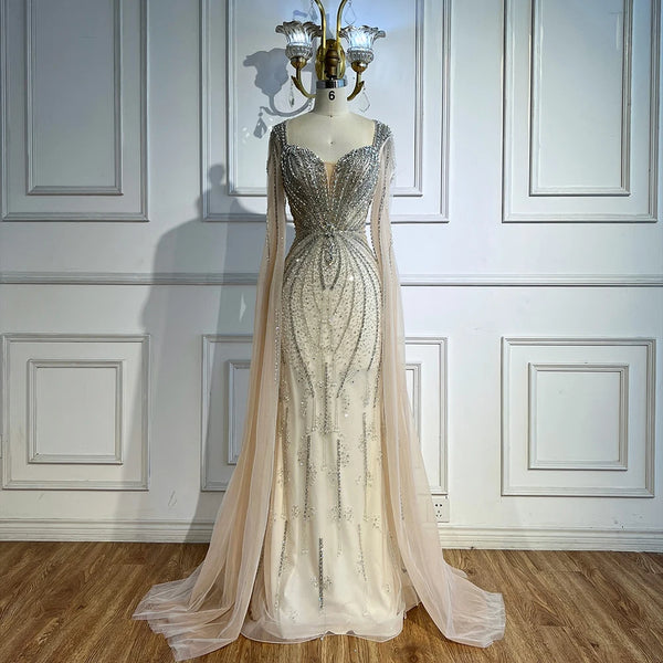 Luxury Designer Beige Beaded Evening Dress with Cape Sleeves LA72992