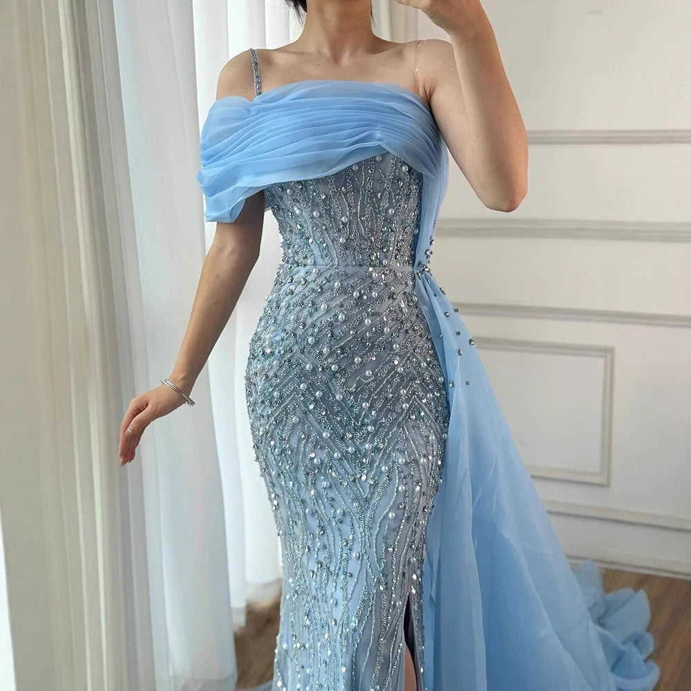 Luxury One Shoulder Blue Evening Dress with Overskirt LA72244A - SERENE HILL