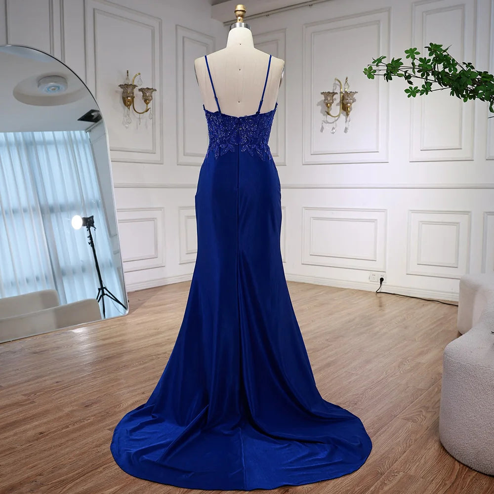 Luxury Navy Blue Lace Slit Prom Dress with Spaghetti Straps LA73041 - SERENE HILL