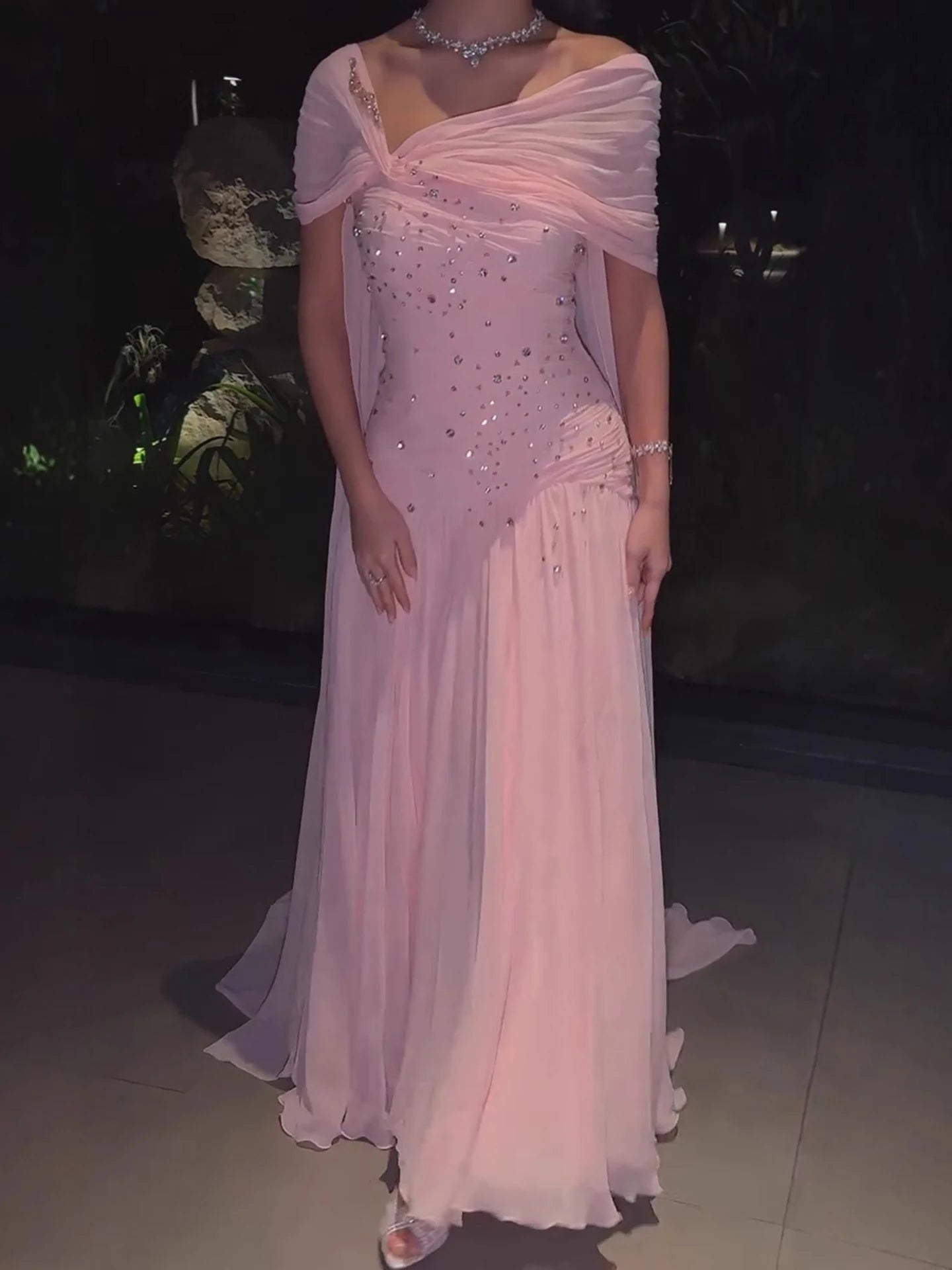 Luxury Pink Chiffon Beaded A-Line Evening Dress with Sheer Cape LA73347 Pink / 10 Luxury Pink Chiffon Beaded A-Line Evening Dress with Sheer Cape LA73347 Pink / 10