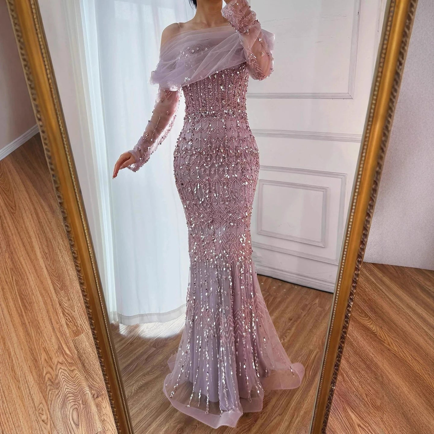 Luxury Dubai White Mermaid Beaded Evening Dress with Cape Sleeves LA72714 - SERENE HILL